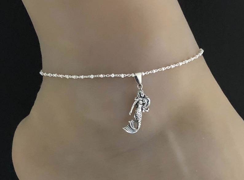 Sterling Silver Beaded Ankle Bracelet with Mermaid Charm