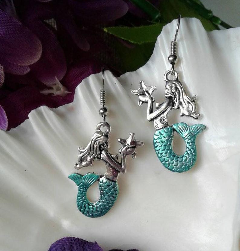 Silver & Teal Mermaid Earrings