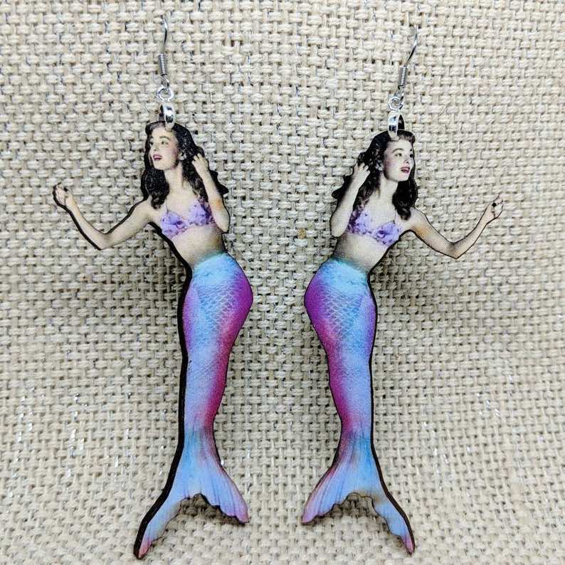 Laser Cut Wooden Mermaid Earrings