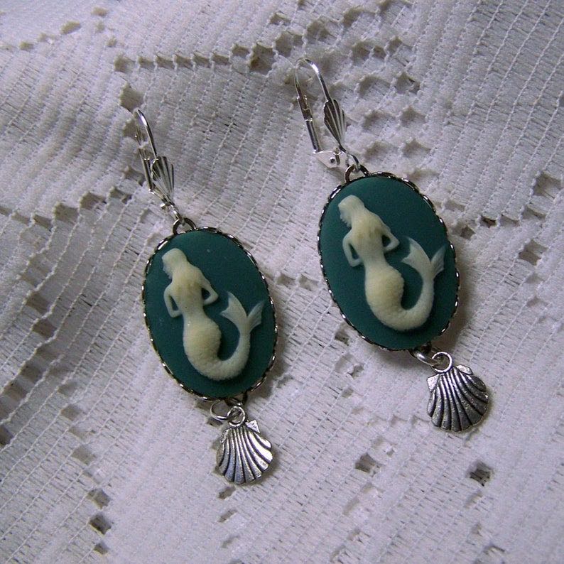 Mermaid and Shell Cameo Earrings