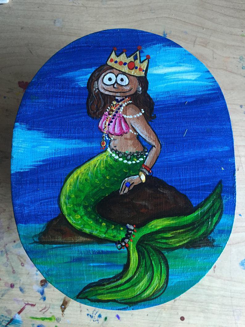 Hand-Painted Oval Mermaid Jewelry and Trinket Box