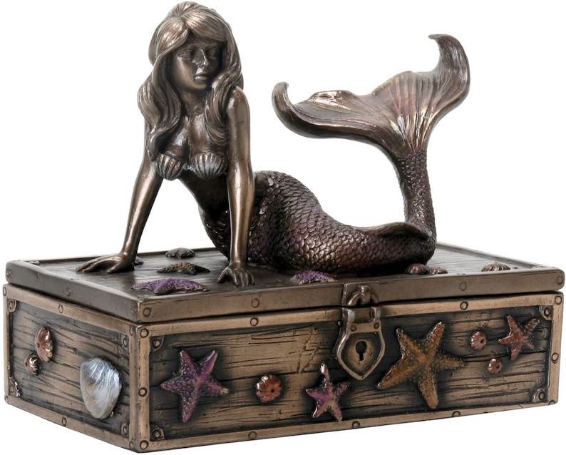 Art Nouveau Bronze Metal Colored Mermaid on Treasure Chest Knick-Knack Box