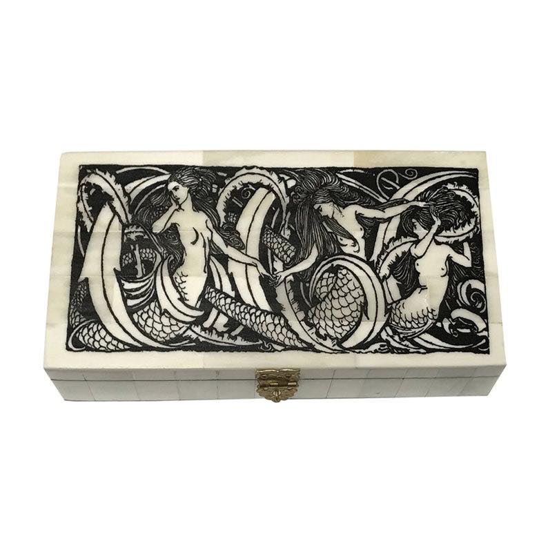 Engraved Mermaids Scrimshaw Bone Box Antique Reproduction