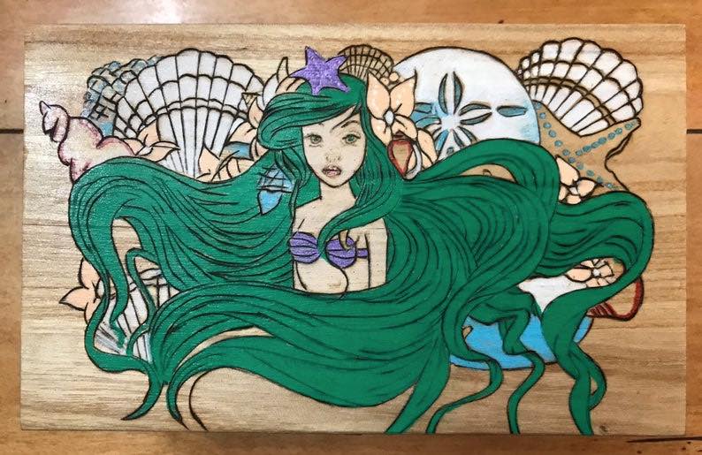 Rectangular Box Wood Burned with a Mermaid / Mermaid Trinket Box