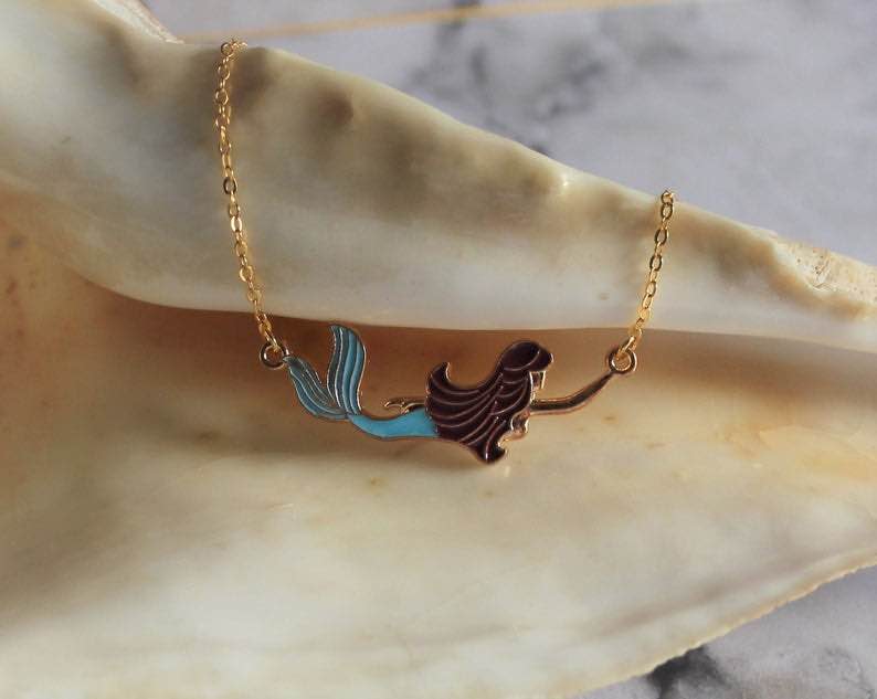 Gold Enamel Swimming Mermaid Necklace