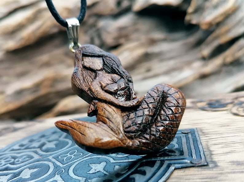 Handmade, Carved Wooden Mermaid Pendant