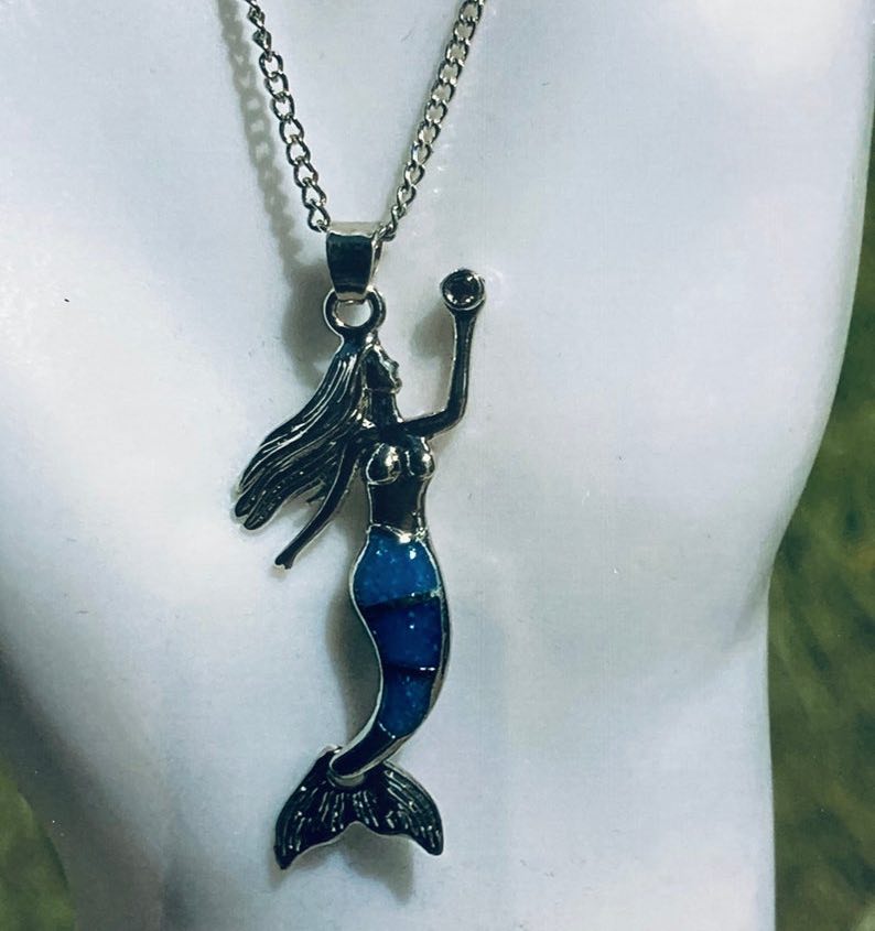 ilver Aqua Mermaid Necklace on Rhodium Chain