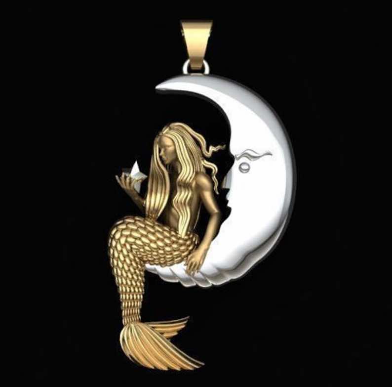 Mermaid Half-Moon Sterling Silver Pendant Necklace