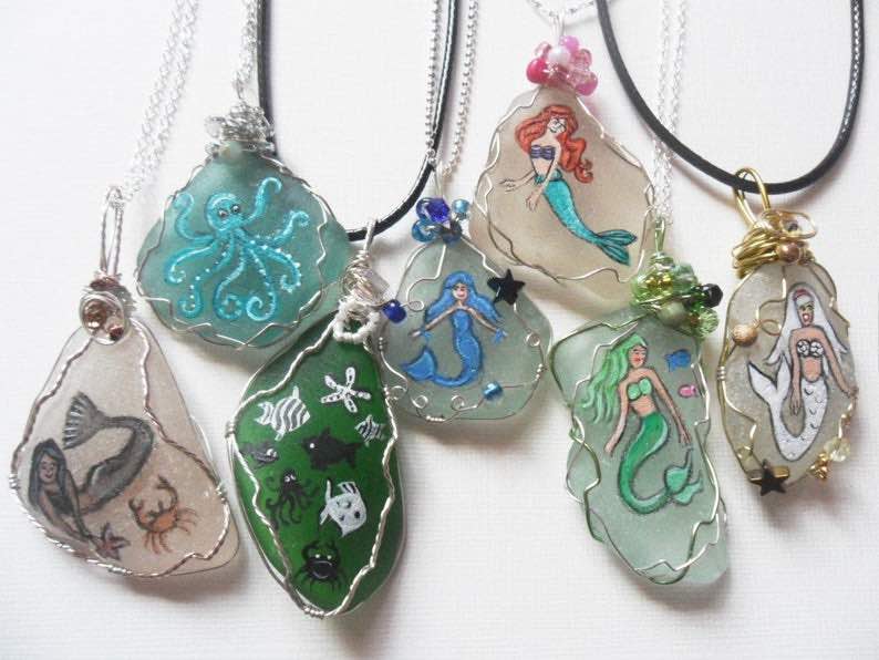 Hand Painted Sea Glass Mermaid Necklaces