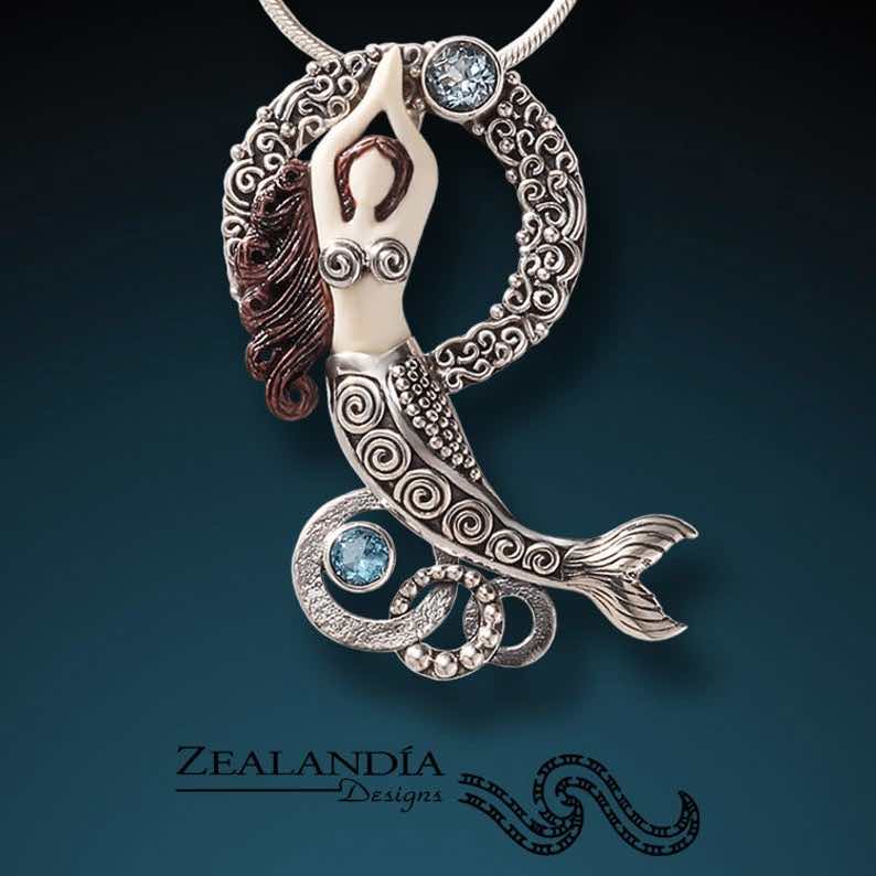 Topaz, Silver, Indonesian Cow Bone Dancing Mermaid Necklace