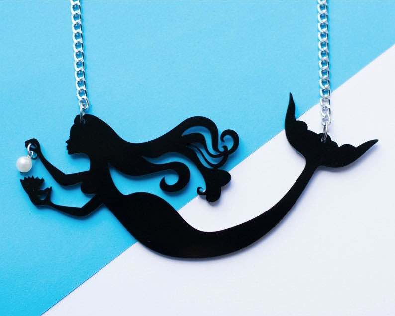 Laser Cut Black Acrylic Plastic Mermaid Necklace