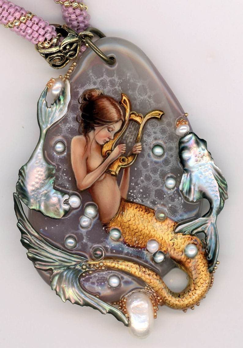 Handmade Russian Purple Onyx “Golden Mermaid” Pendant