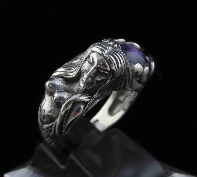 925 Silver, Amethyst Cabochon, Mermaid Ring