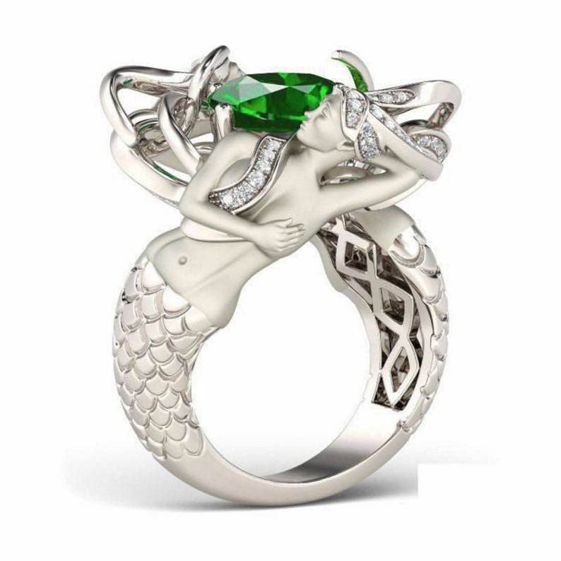 Green Cushion Cut Mermaid Ring<