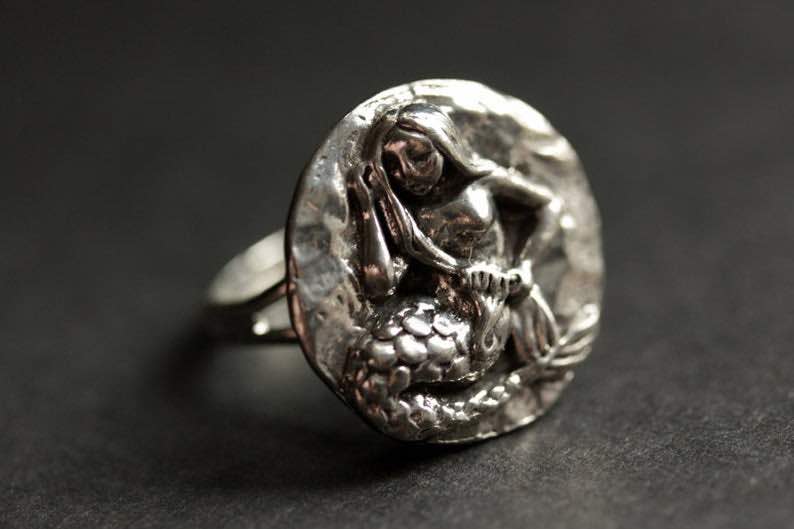 Mermaid Pewter Button Ring