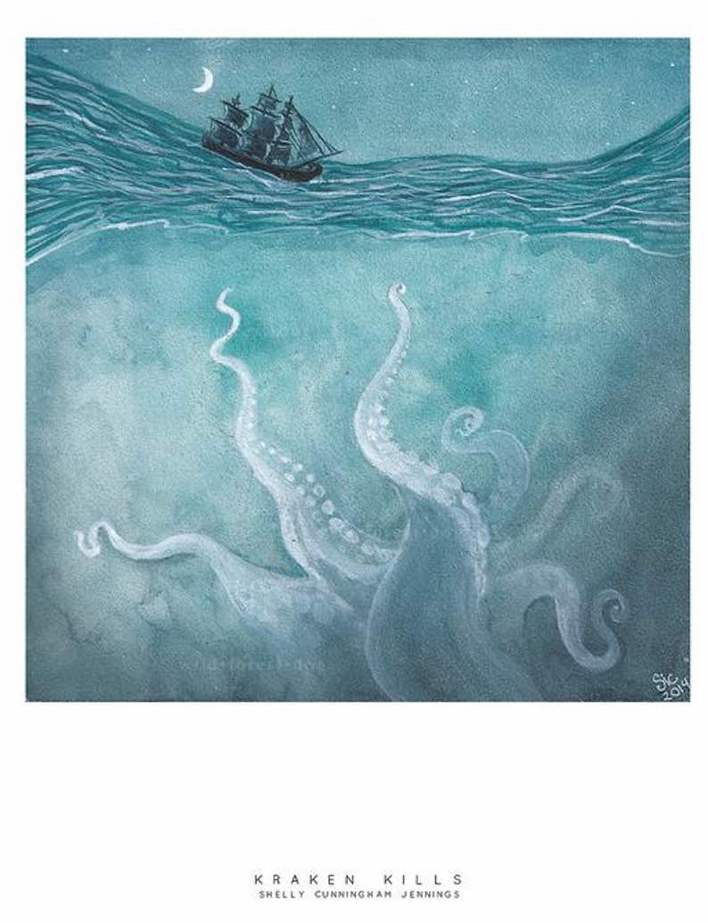 “Kraken Kills” Watercolor Painting