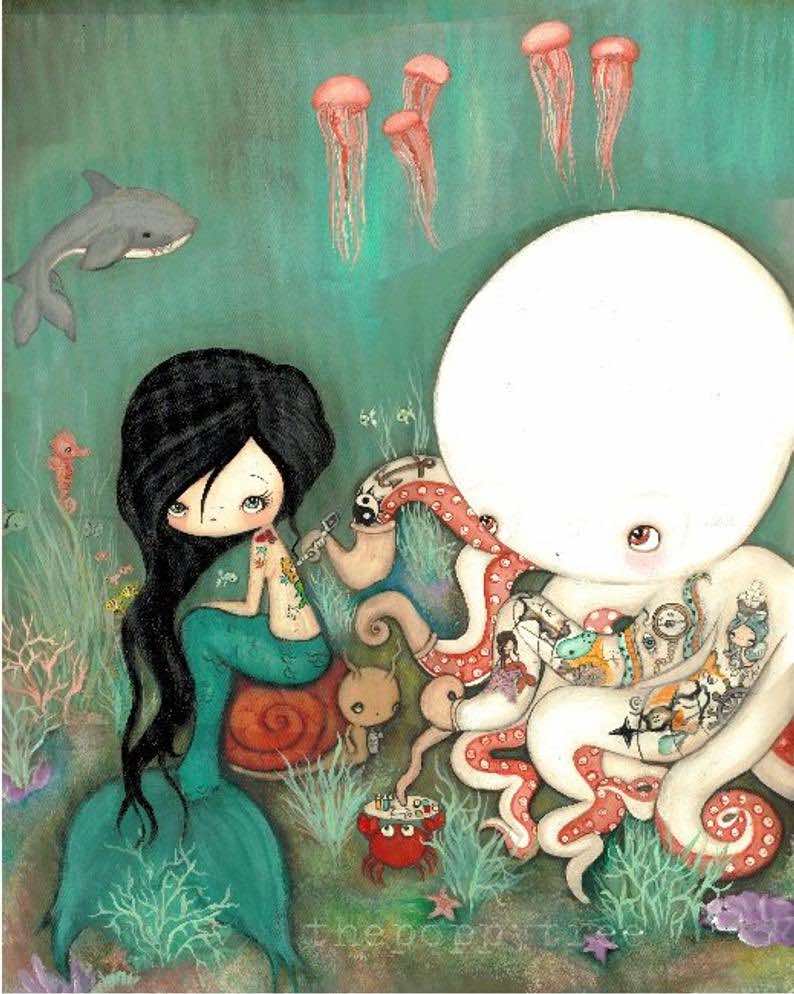 Tattooed Octopus & Mermaid Nautical Art Print