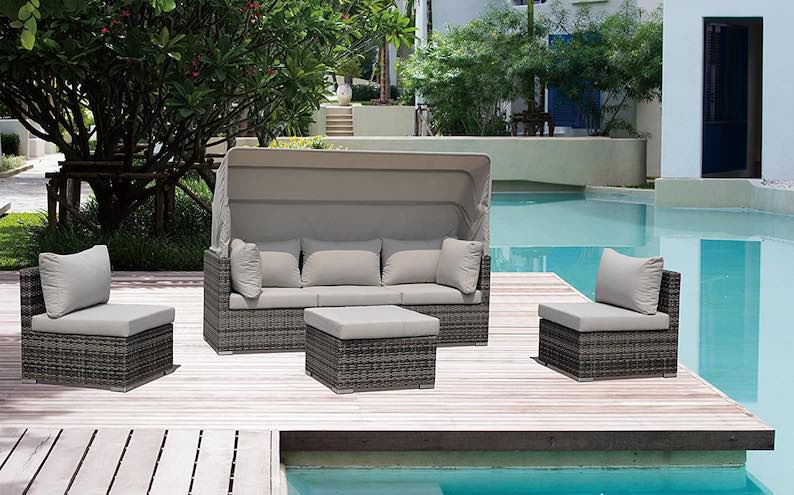 Courtyard Casual Taupe Aurora Outdoor Sectional to Daybed Combo with Canopy