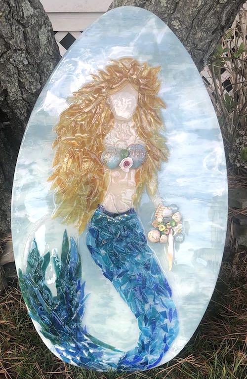 artist: Carol McCabe - resin mermaid on classic skimboard