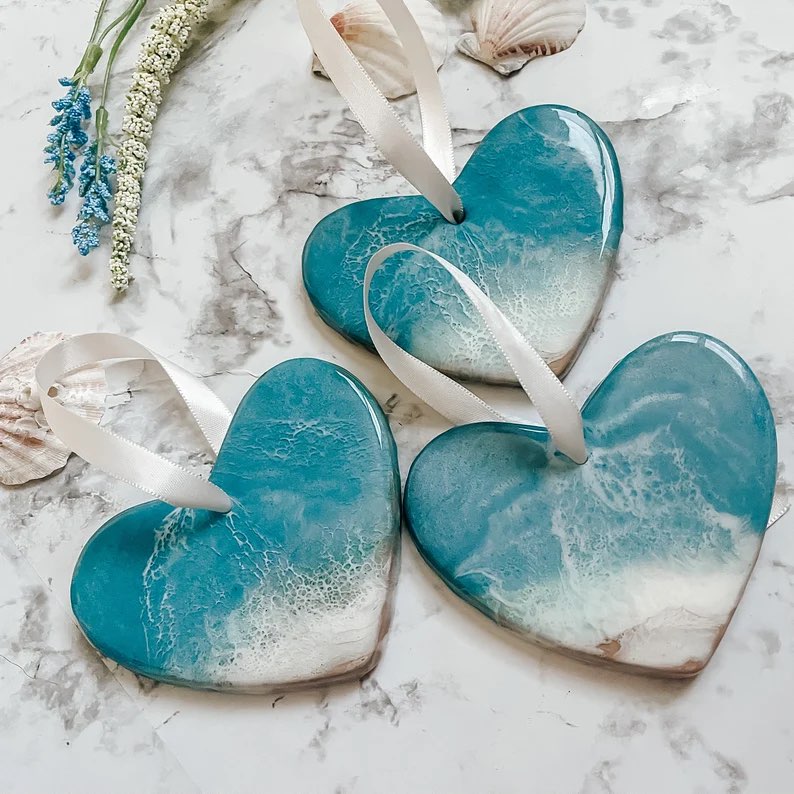 Ocean Resin Heart Ornaments by Katlyne Michelle