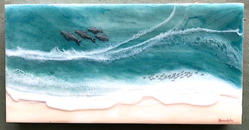 artist: Kelly Daszynski - dolphins on the shoreline resin painting (resin ocean painting)