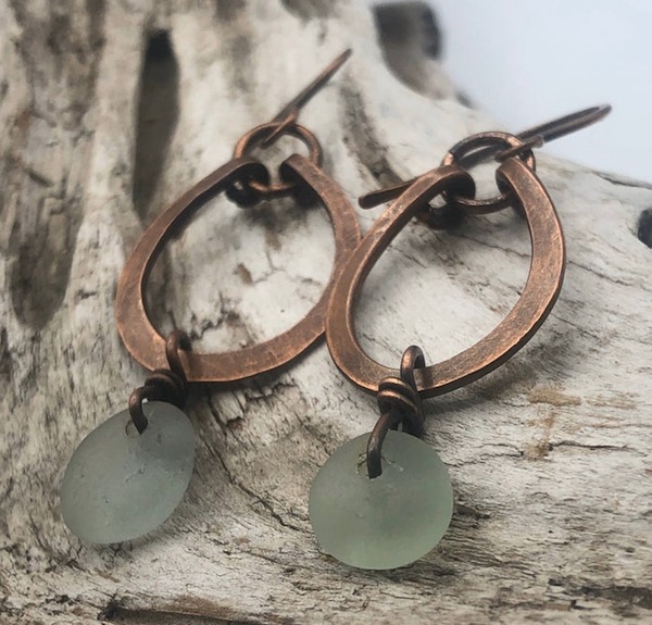 Beach Glass and Copper Earrings