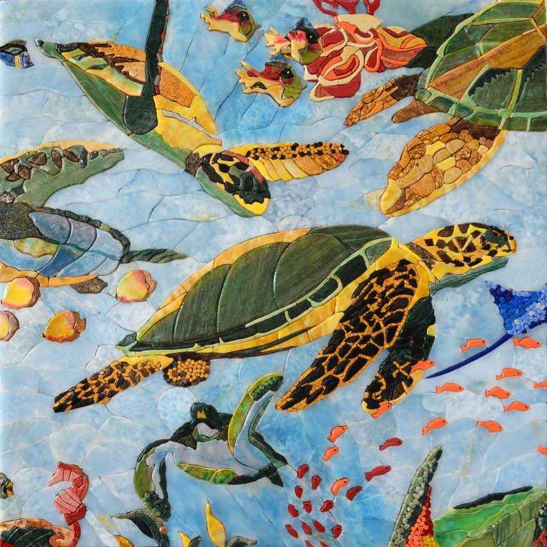 >Sea Turtles and Fish Petal Marble Mosaics