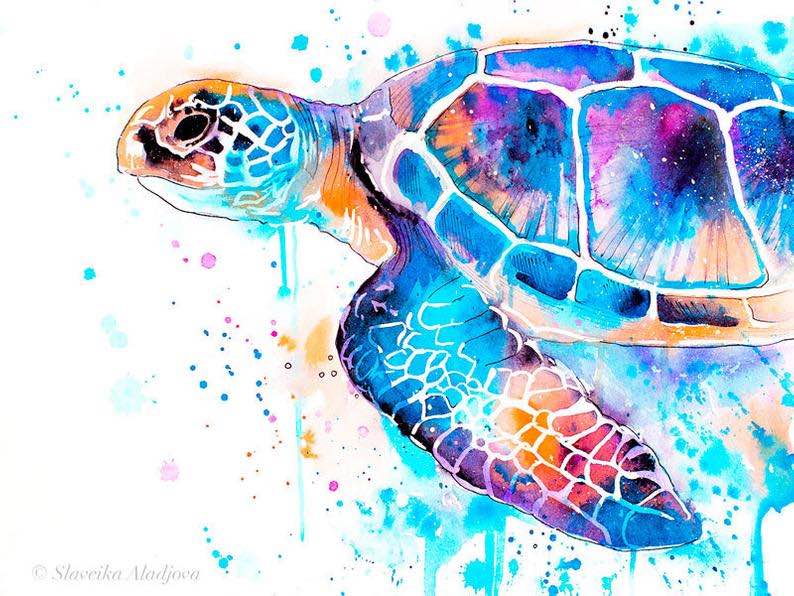 Blue Sea Turtle Watercolor Painting Print