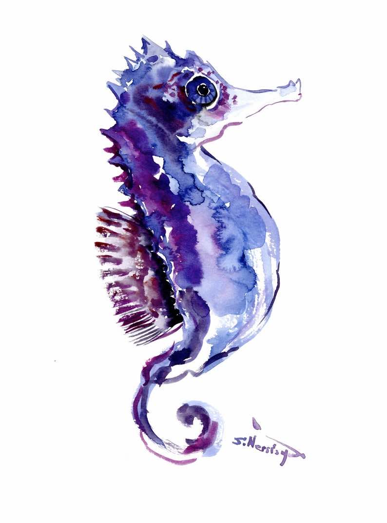 Purple Seahorse Original Watercolor Painting