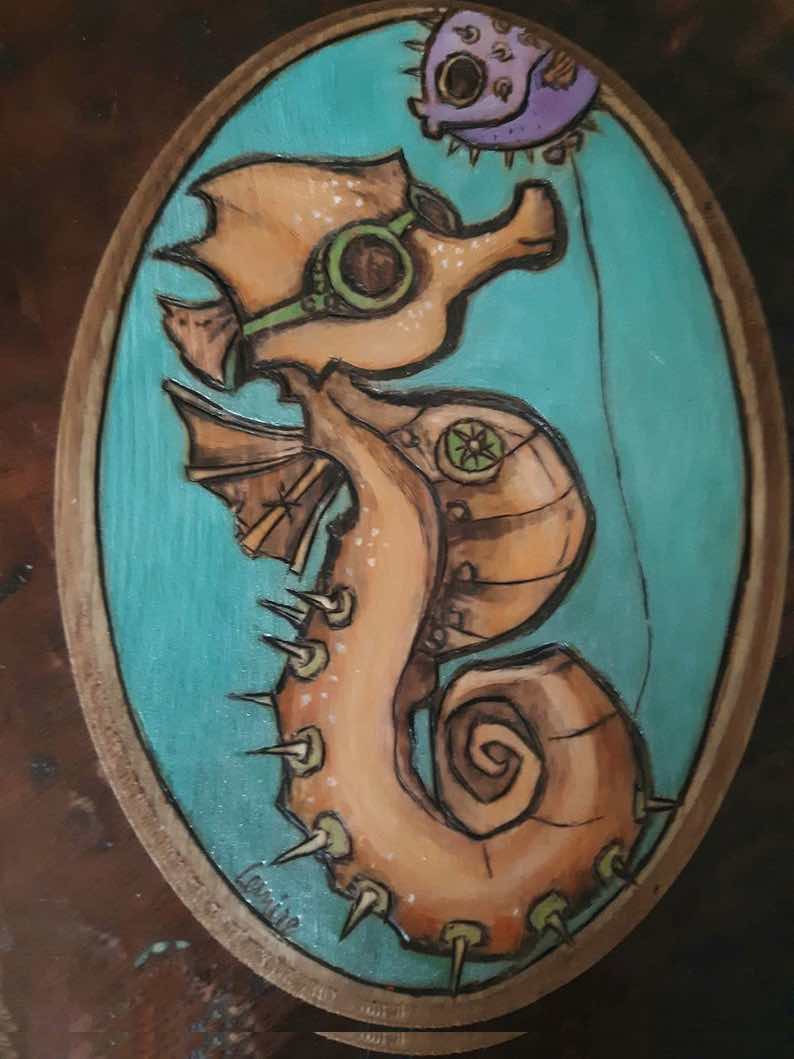 Steampunk Seahorse Pyrogravure Plaque