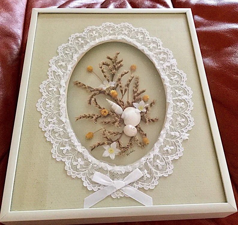 Sea Shell Lace and Wood Picture Shadow Box by Bonnie