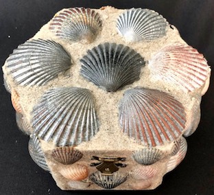 vintage woven wicker basket seashell shape, scallop shell trinket