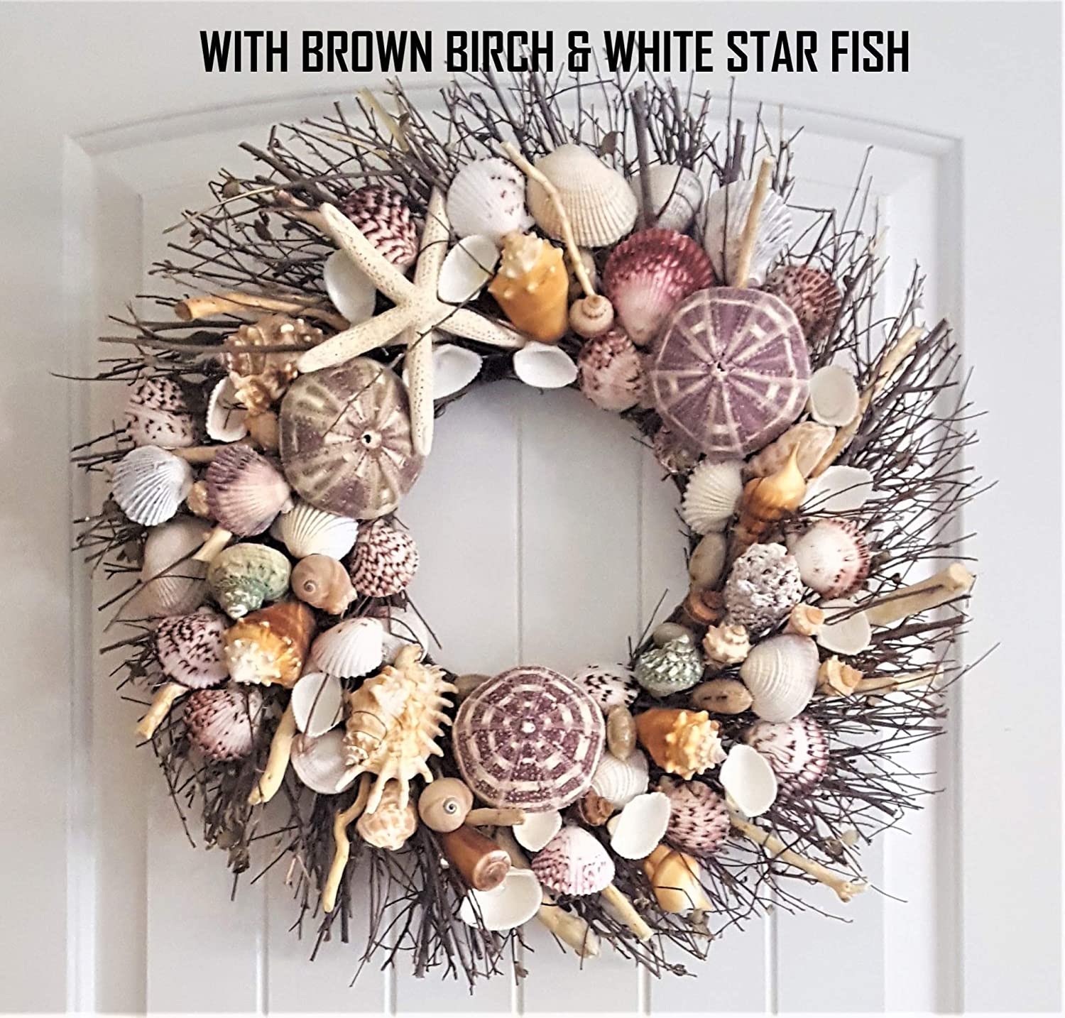 Seashell Wreath on Birch Twig with Exotic Sea Urchins
