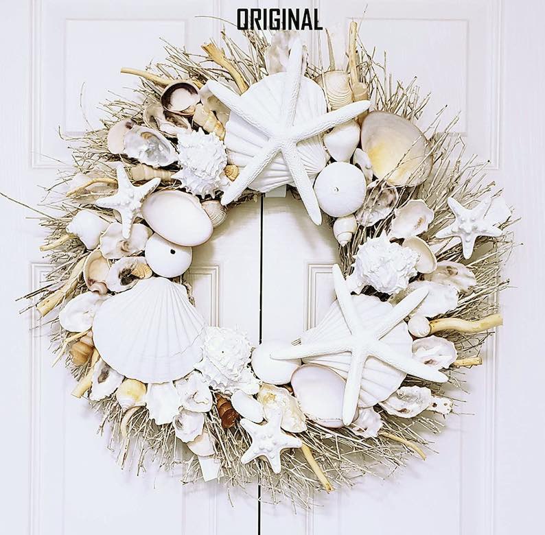 Seashell Wreath on Birch Twig with Large Clams
